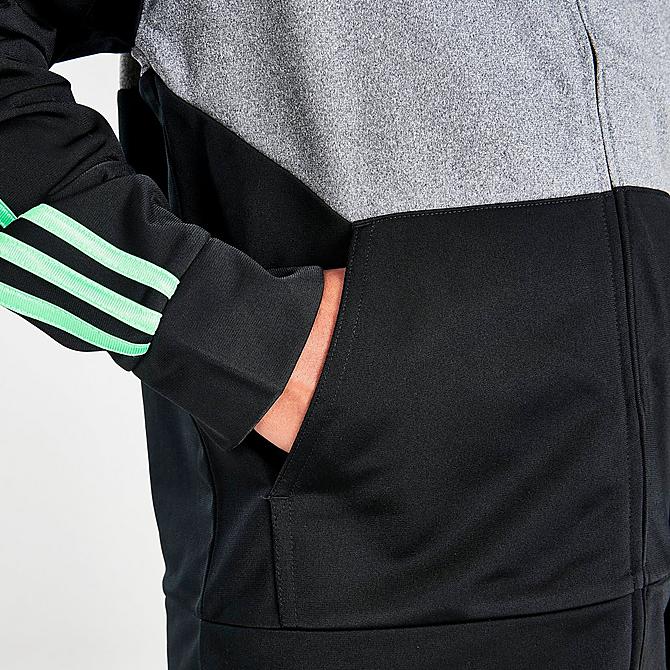 On Model 6 view of Boys' adidas Sportswear Full-Zip Heathered Tricot Jacket in Black/Grey/Green Click to zoom