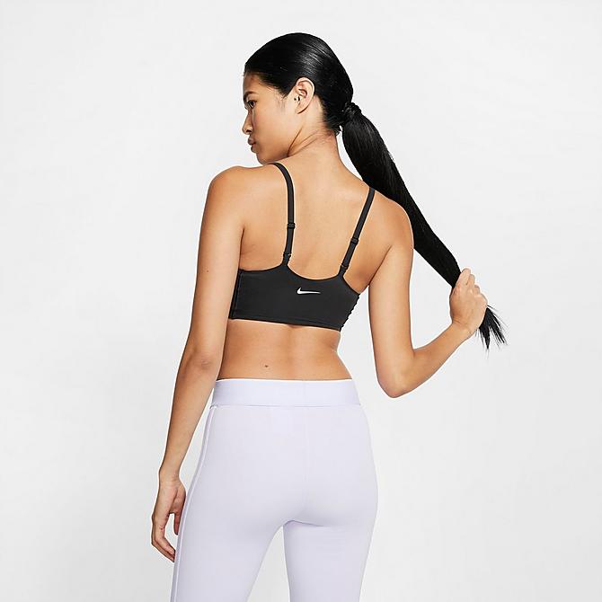 Back Left view of Women's Nike Dri-FIT Indy Luxe Light-Support Sports Bra in Black/White Click to zoom