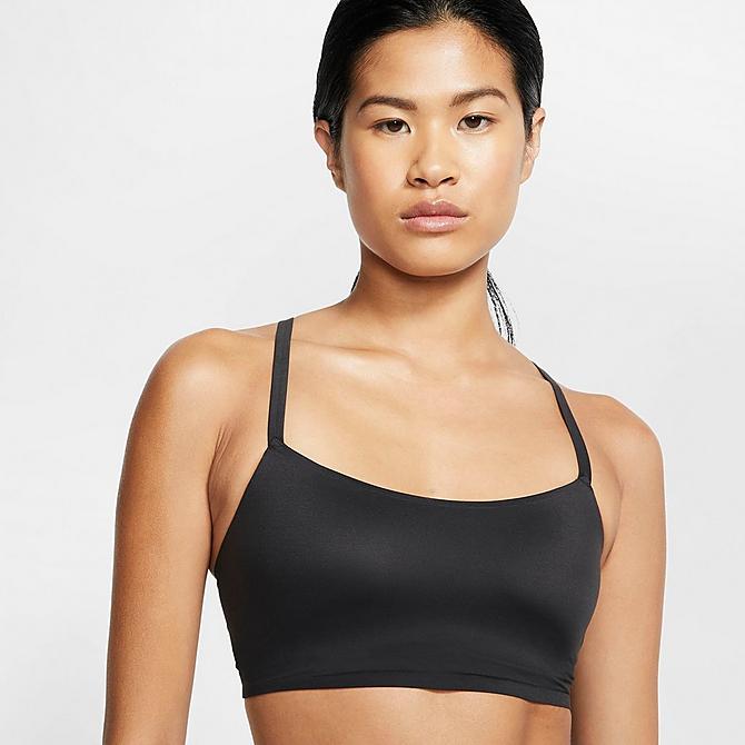Back Right view of Women's Nike Dri-FIT Indy Luxe Light-Support Sports Bra in Black/White Click to zoom