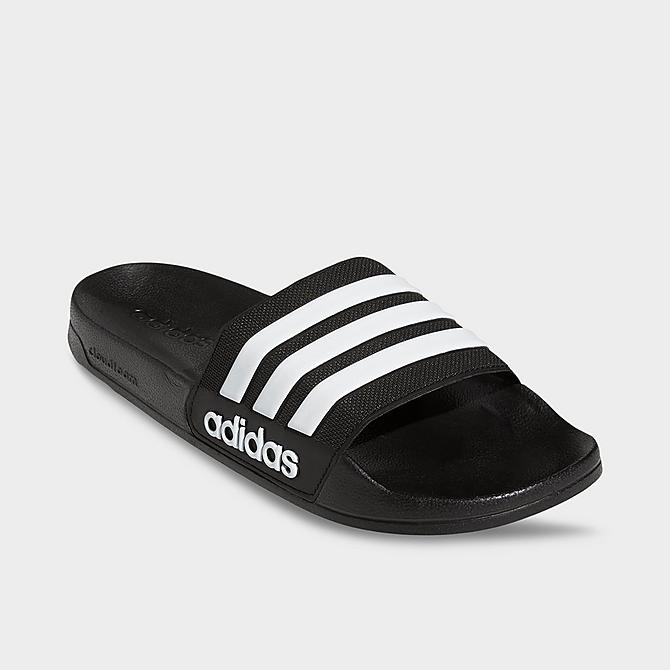 Three Quarter view of Men's adidas Adilette Shower Slide Sandals in Core Black/Footwear White/Core Black Click to zoom