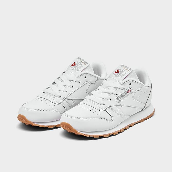 Three Quarter view of Little Kids' Reebok Classic Leather Casual Shoes in Footwear White/Footwear White/Reebok Rubber Gum 2 Click to zoom