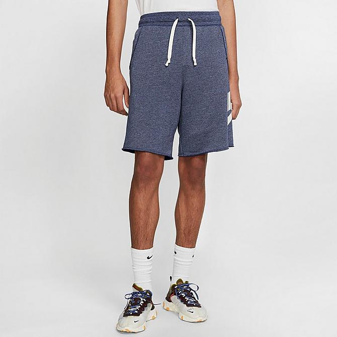 Front Three Quarter view of Men's Nike Sportswear Alumni Fleece Shorts in Blue Void/Heather/Sail Click to zoom