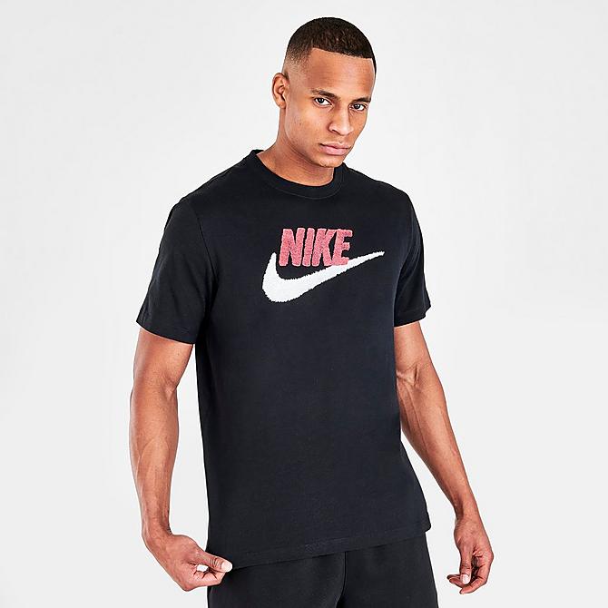 Back Left view of Nike Sportswear Brand Mark T-Shirt in Black/University Red Click to zoom