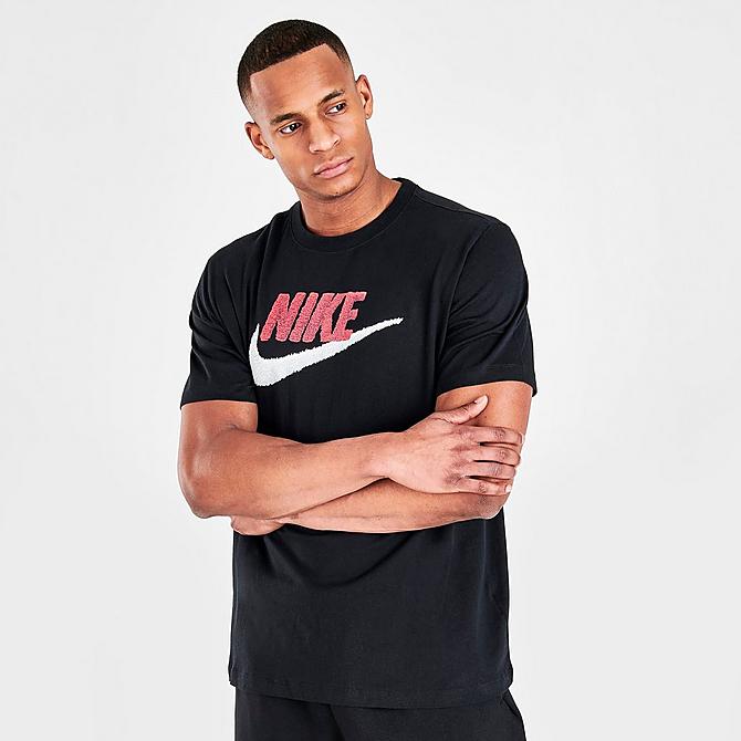Back Right view of Nike Sportswear Brand Mark T-Shirt in Black/University Red Click to zoom