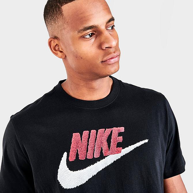 On Model 6 view of Nike Sportswear Brand Mark T-Shirt in Black/University Red Click to zoom