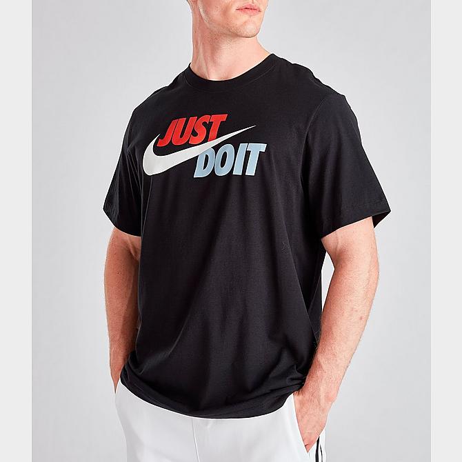 Detail 2 view of Men's Nike Sportswear Just Do It Swoosh T-Shirt in Black/Mystic Red/Platinum Tint Click to zoom