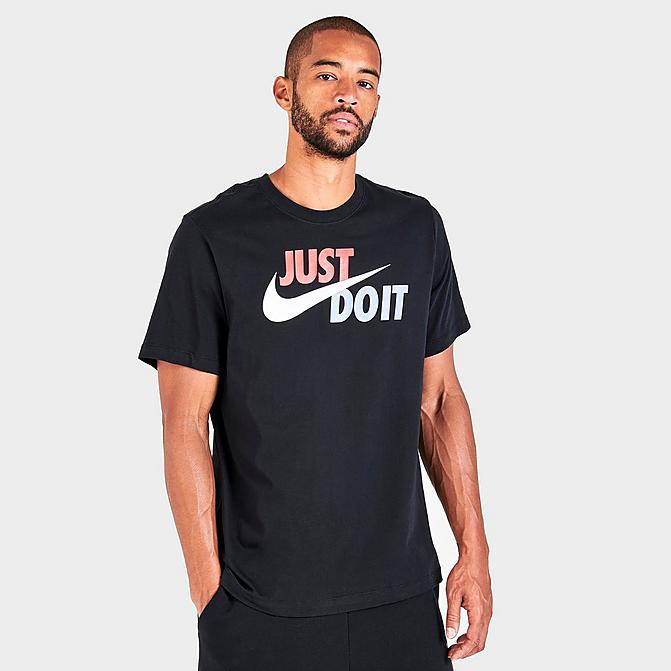 Front view of Men's Nike Sportswear Just Do It Swoosh T-Shirt in Black/Mystic Red/Platinum Tint Click to zoom