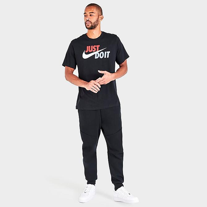 Front Three Quarter view of Men's Nike Sportswear Just Do It Swoosh T-Shirt in Black/Mystic Red/Platinum Tint Click to zoom