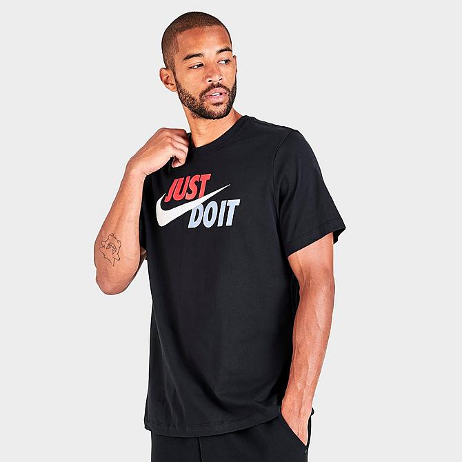 Back Left view of Men's Nike Sportswear Just Do It Swoosh T-Shirt in Black/Mystic Red/Platinum Tint Click to zoom