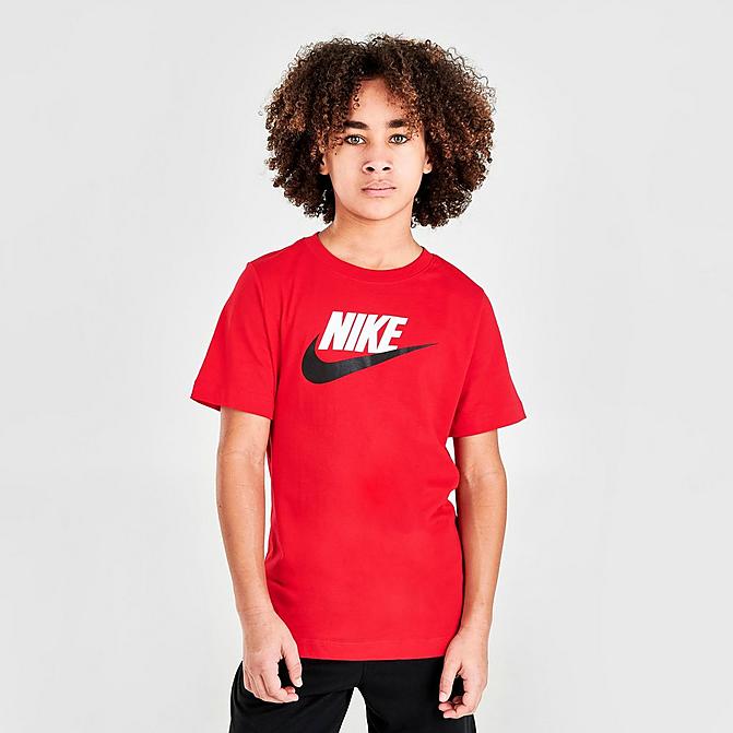 Front view of Boys' Nike Sportswear Futura T-Shirt in University Red/Black Click to zoom
