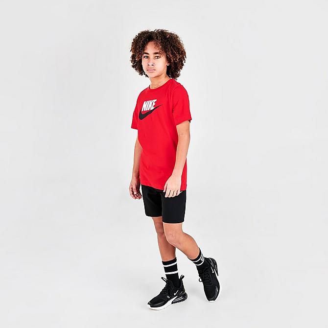 Front Three Quarter view of Boys' Nike Sportswear Futura T-Shirt in University Red/Black Click to zoom