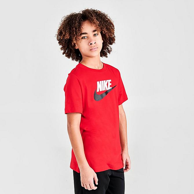 Back Left view of Boys' Nike Sportswear Futura T-Shirt in University Red/Black Click to zoom