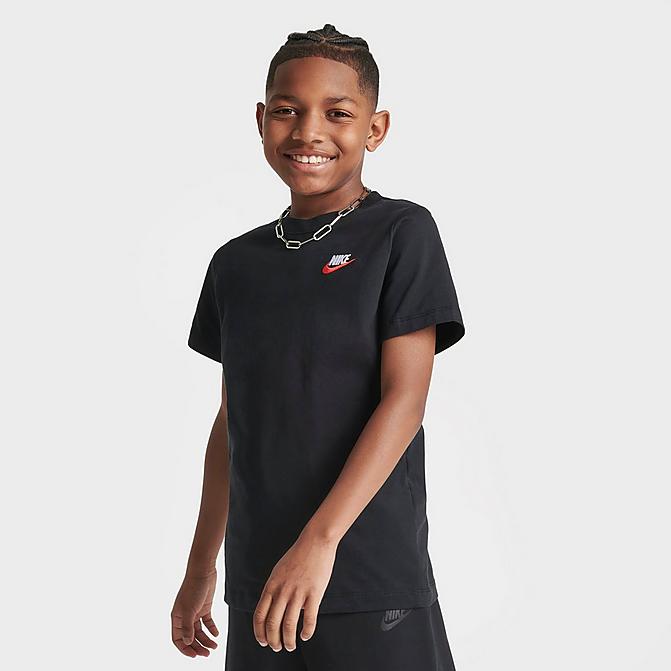 Front view of Boys' Nike Sportswear Logo T-Shirt in Black Click to zoom