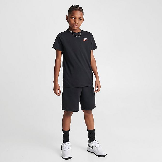 Front Three Quarter view of Boys' Nike Sportswear Logo T-Shirt in Black Click to zoom
