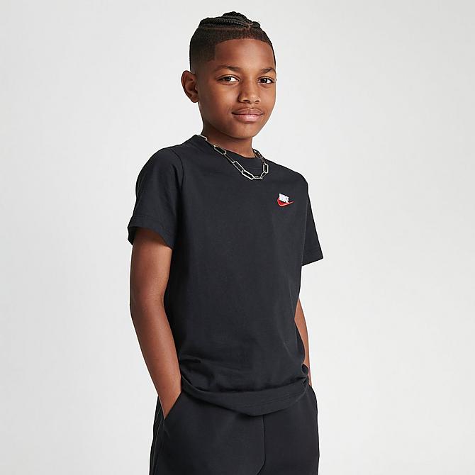 Back Left view of Boys' Nike Sportswear Logo T-Shirt in Black Click to zoom