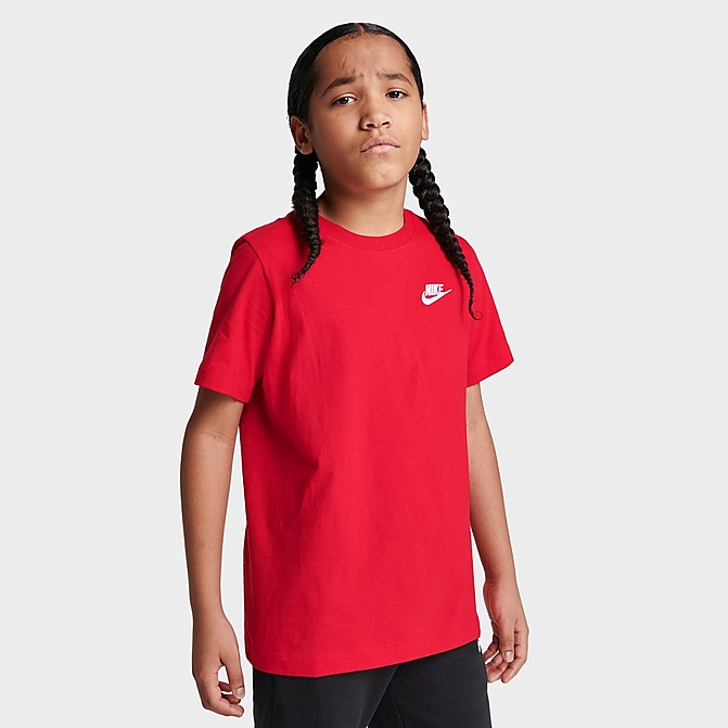 Front view of Kids' Nike Sportswear Logo T-Shirt in University Red/White Click to zoom