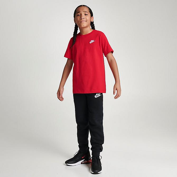 Front Three Quarter view of Kids' Nike Sportswear Logo T-Shirt in University Red/White Click to zoom