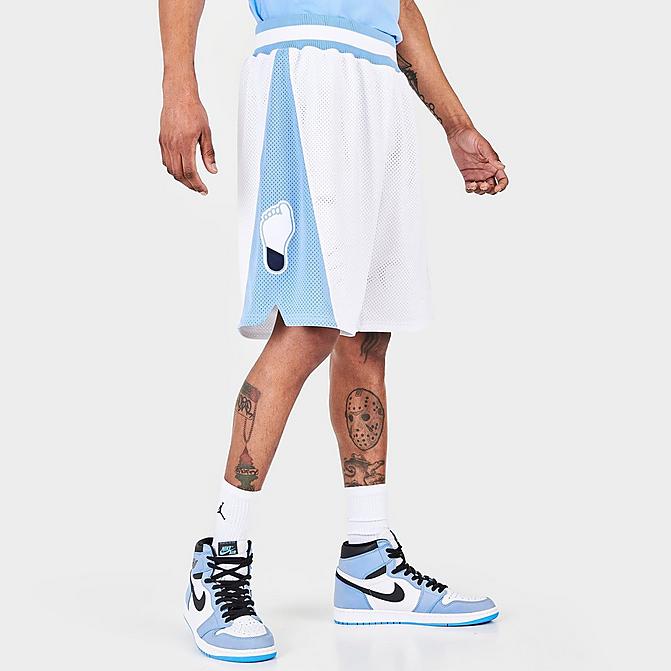 Front view of Men's Mitchell & Ness North Carolina Tar Heels College Michael Jordan Basketball Shorts in White/Carolina Blue Click to zoom