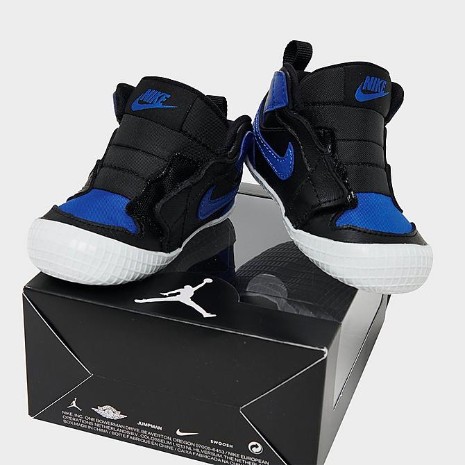 Front view of Infant Air Jordan Retro 1 Crib Booties in Black/Varsity Royal/White Click to zoom