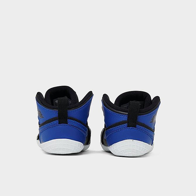 Left view of Infant Air Jordan Retro 1 Crib Booties in Black/Varsity Royal/White Click to zoom