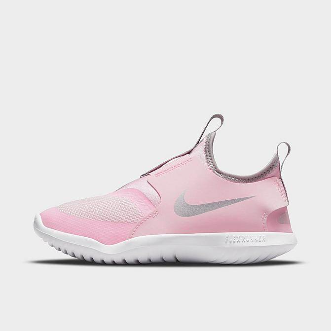 Right view of Girls' Little Kids' Nike Flex Runner Running Shoes in Pink Foam/Light Smoke Grey/Metallic Silver Click to zoom