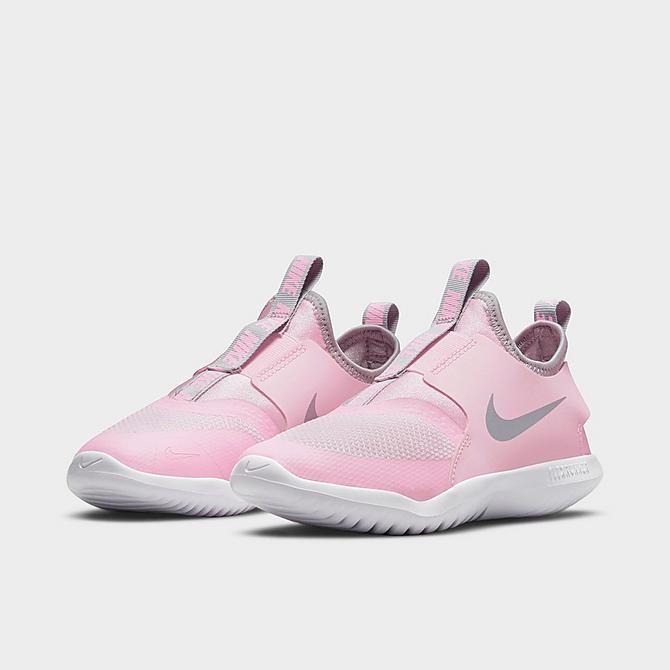 Three Quarter view of Girls' Little Kids' Nike Flex Runner Running Shoes in Pink Foam/Light Smoke Grey/Metallic Silver Click to zoom
