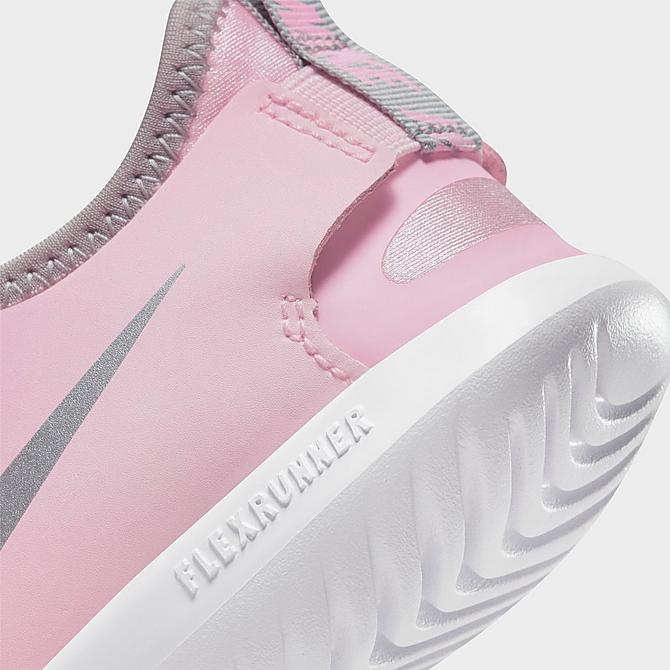 Front view of Girls' Little Kids' Nike Flex Runner Running Shoes in Pink Foam/Light Smoke Grey/Metallic Silver Click to zoom