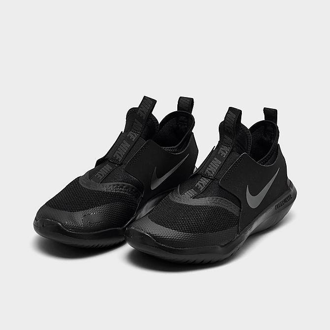 Three Quarter view of Little Kids' Nike Flex Runner Running Shoes in Black/Anthracite Click to zoom