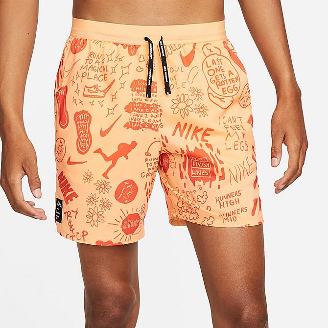 Back Left view of Men's Nike Flex Stride Nathan Bell 7 Inch Printed Running Shorts in Orange Chalk Click to zoom