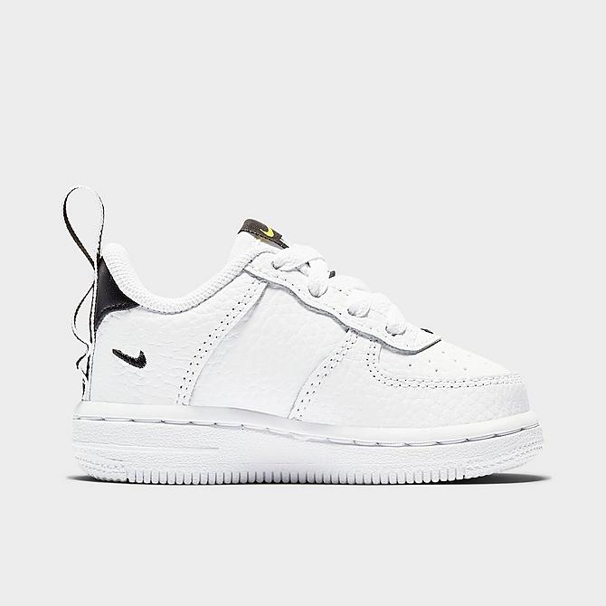 Three Quarter view of Kids' Toddler Nike Force 1 LV8 Utility Casual Sneakers in White/White/Black/Tour Yellow Click to zoom