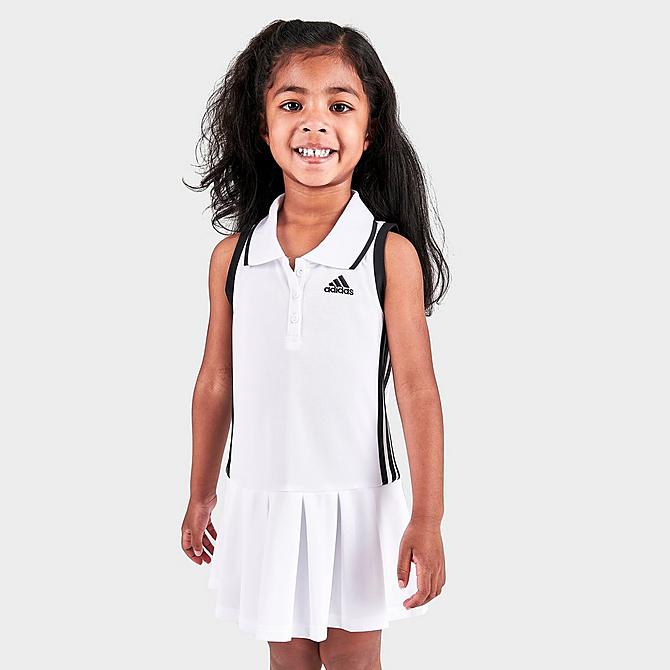 [angle] view of Girls' Toddler and Girls' Little Kids' adidas Sleeveless Polo Dress in White/Black Click to zoom