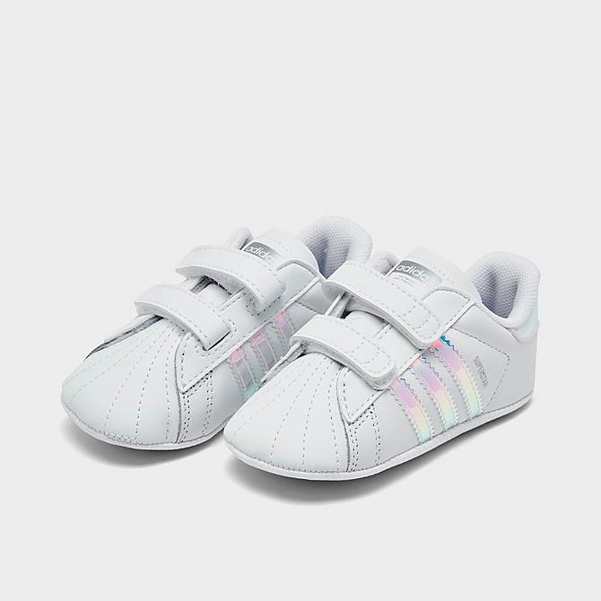 Three Quarter view of Girls' Infant adidas Originals Superstar Crib Shoes in White/White/Black Click to zoom