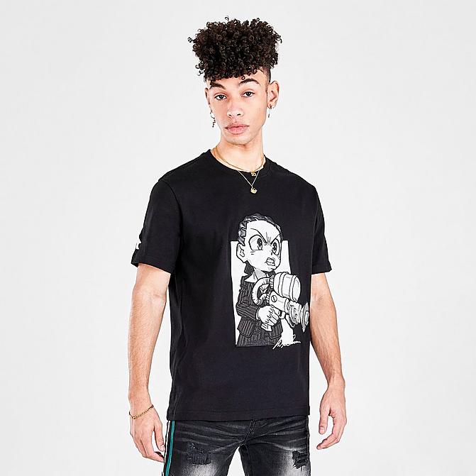 Front view of Men's Boondocks Riley Graphic Print Short-Sleeve T-Shirt in Black Click to zoom