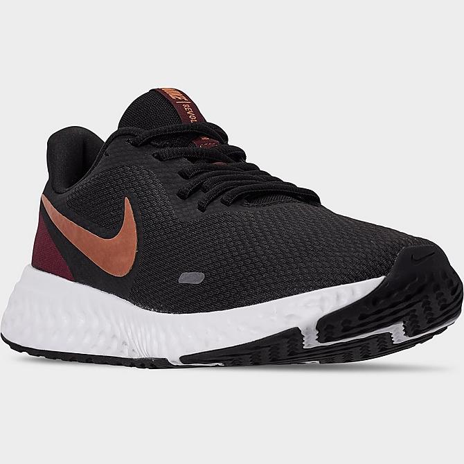 Three Quarter view of Women's Nike Revolution 5 Running Shoes in Black/Metallic Copper/Night Maroon Click to zoom