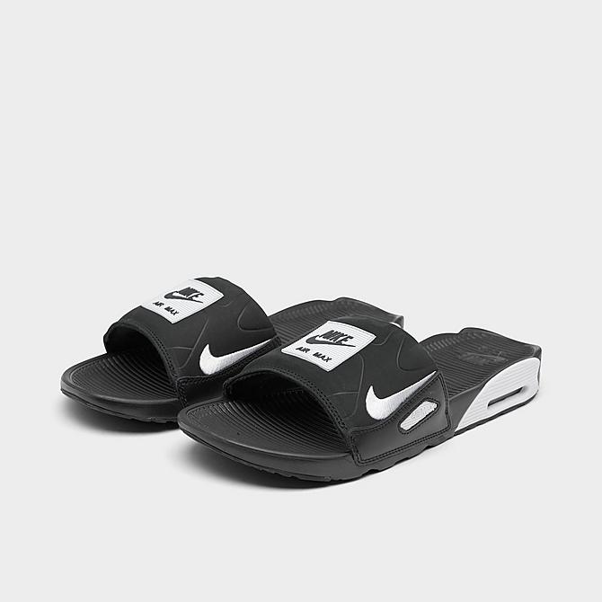 Three Quarter view of Men's Nike Air Max 90 Slide Sandals in Black/White Click to zoom