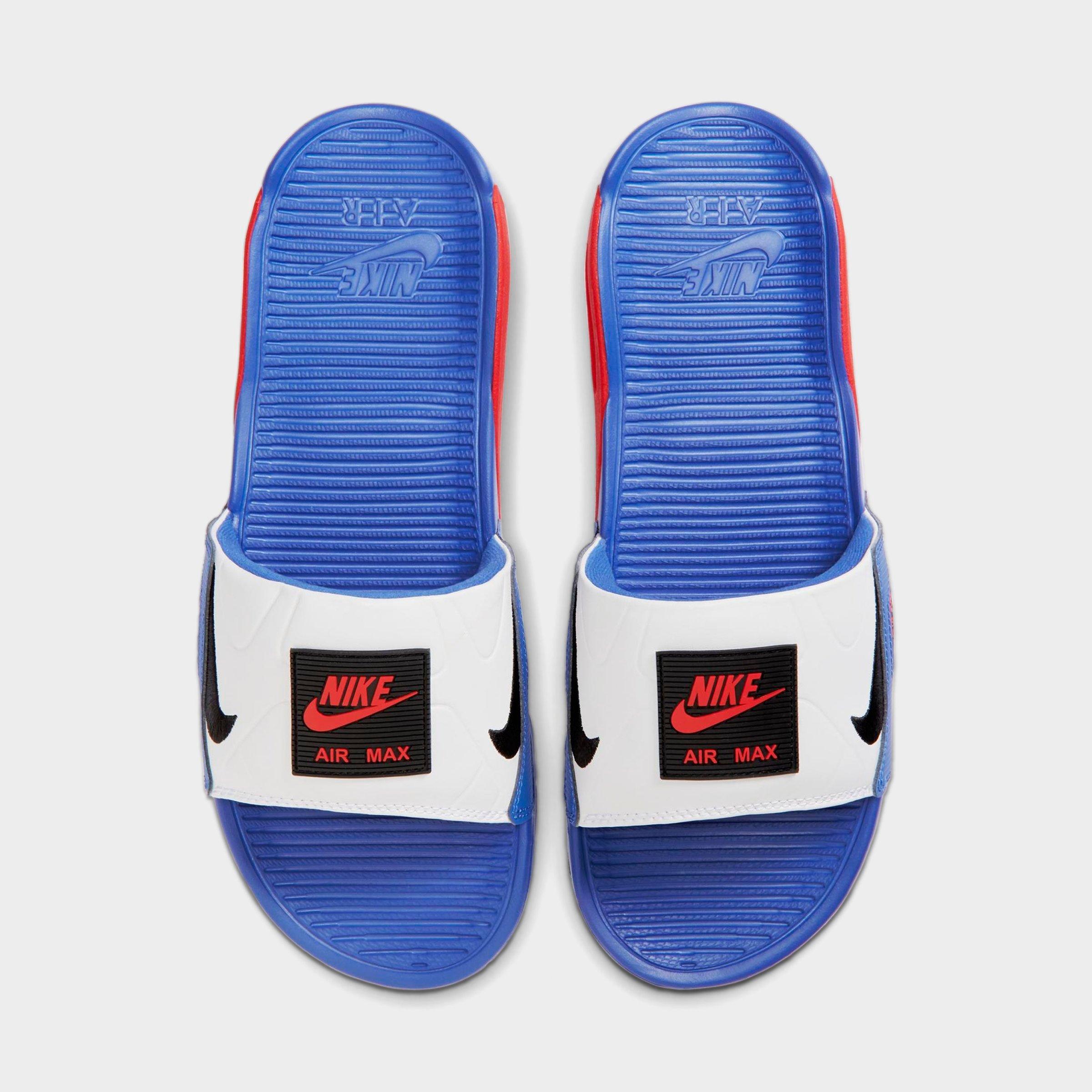 red and blue nike slides