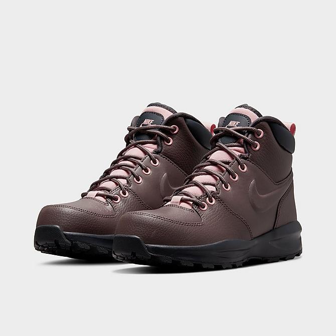 Three Quarter view of Girls' Big Kids' Nike Manoa Leather Boots in Violet Ore/Violet Ore/Dark Smoke Grey/Pink Glaze Click to zoom