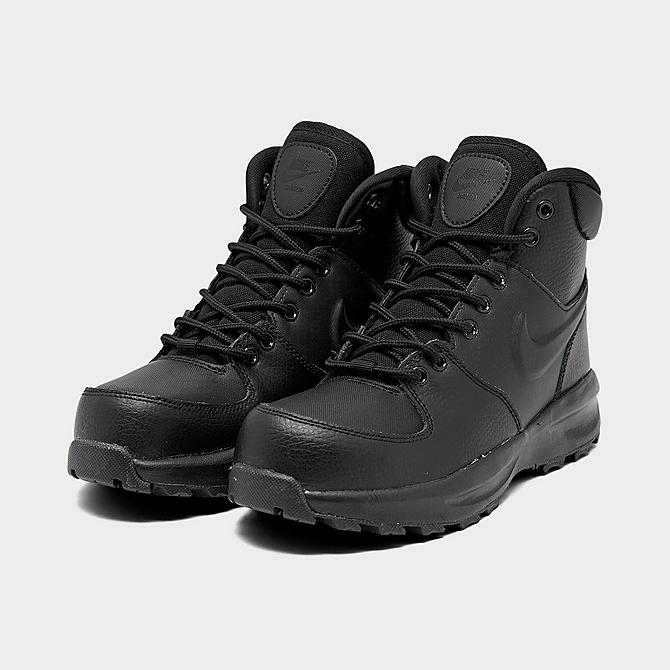 Three Quarter view of Big Kids' Nike Manoa Leather Boots in Black/Black/Black Click to zoom