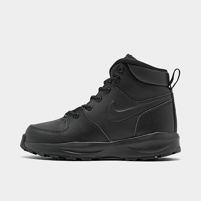 Right view of Boys' Little Kids' Nike Manoa Leather Boots in Black/Black/Black Click to zoom