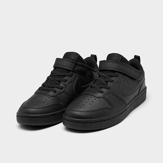 Three Quarter view of Little Kids' Nike Court Borough Low 2 Hook-and-Loop Casual Shoes in Black/Black-Black Click to zoom