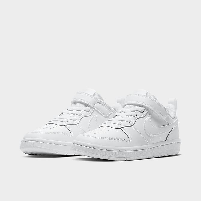 Three Quarter view of Little Kids' Nike Court Borough Low 2 Hook-and-Loop Casual Shoes in White/White/White Click to zoom