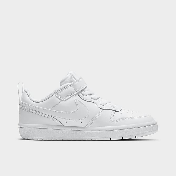 Front view of Little Kids' Nike Court Borough Low 2 Hook-and-Loop Casual Shoes in White/White/White Click to zoom