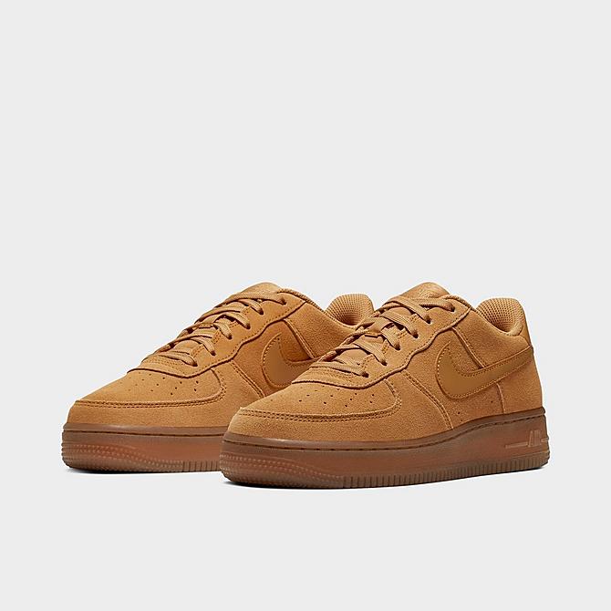 Three Quarter view of Boys' Big Kids' Nike Air Force 1 LV8 3 Casual Shoes in Wheat/Wheat Gum/Light Brown Click to zoom