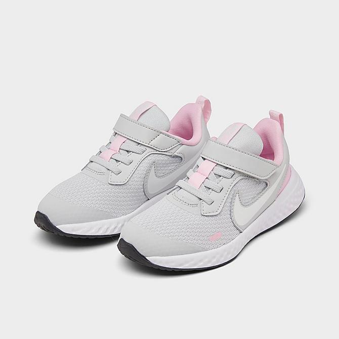 Three Quarter view of Girls' Little Kids' Nike Revolution 5 Hook-and-Loop Running Shoes in Photon Dust/White-Pink Foam Click to zoom