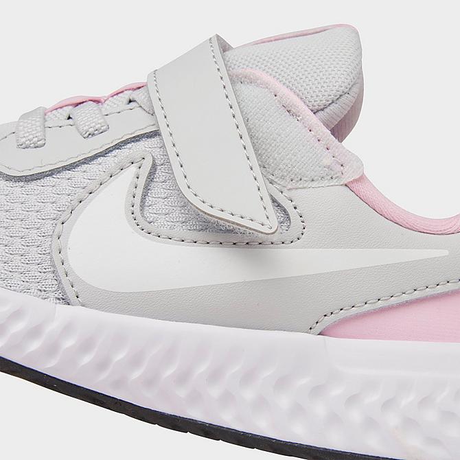 Front view of Girls' Little Kids' Nike Revolution 5 Hook-and-Loop Running Shoes in Photon Dust/White-Pink Foam Click to zoom