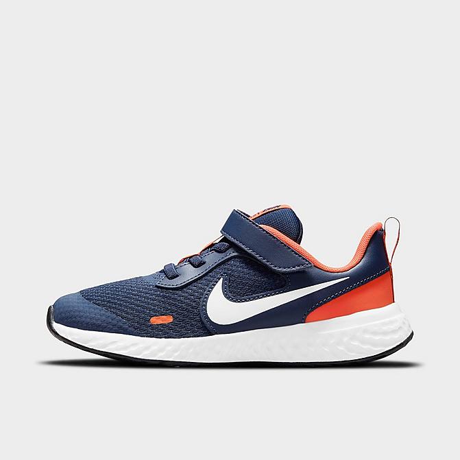 Right view of Boys' Little Kids' Nike Revolution 5 Hook-and-Loop Running Shoes in Midnight Navy/White/Orange Click to zoom