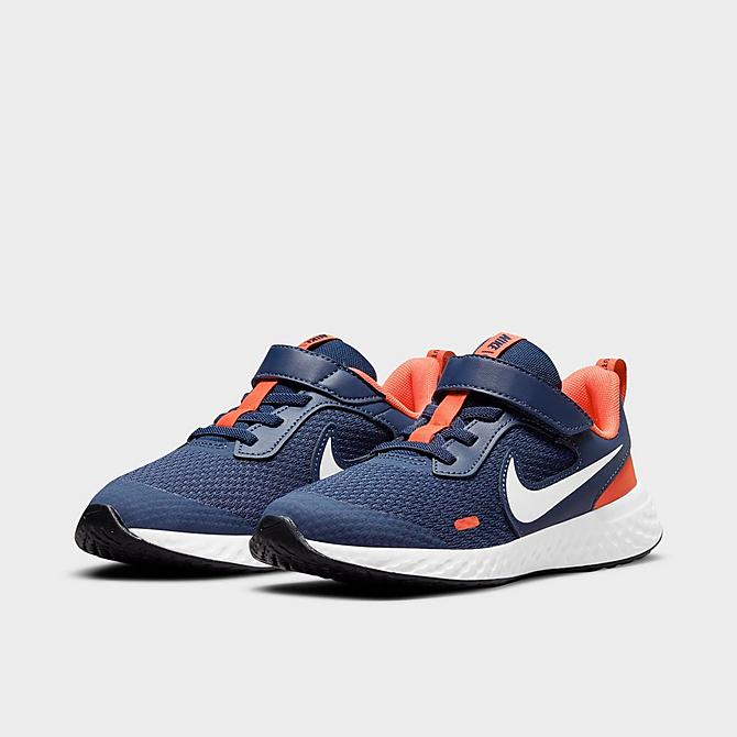 Three Quarter view of Boys' Little Kids' Nike Revolution 5 Hook-and-Loop Running Shoes in Midnight Navy/White/Orange Click to zoom