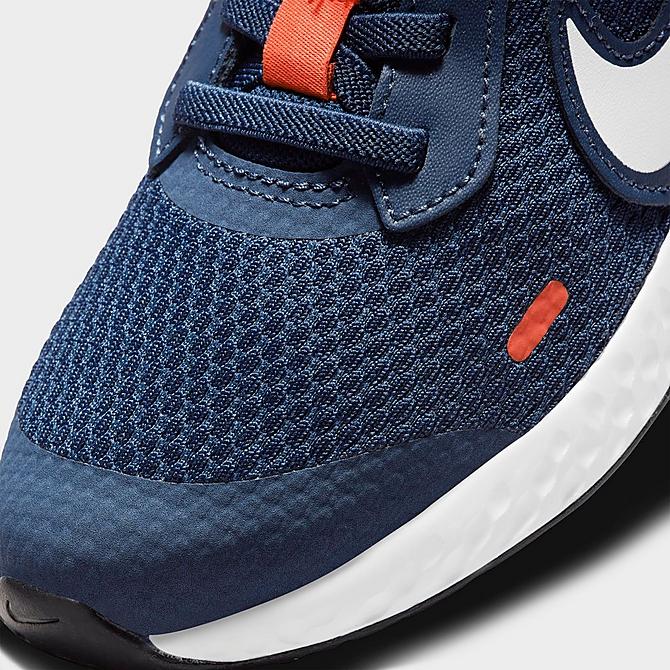 Front view of Boys' Little Kids' Nike Revolution 5 Hook-and-Loop Running Shoes in Midnight Navy/White/Orange Click to zoom
