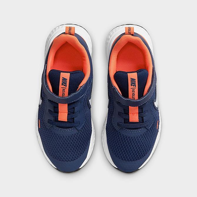 Back view of Boys' Little Kids' Nike Revolution 5 Hook-and-Loop Running Shoes in Midnight Navy/White/Orange Click to zoom