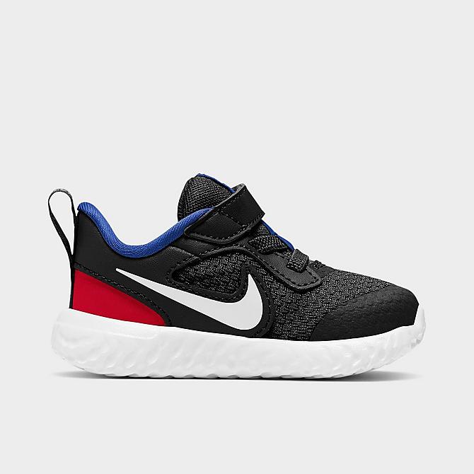Three Quarter view of Boys' Toddler Nike Revolution 5 Hook-and-Loop Running Shoes in Black/White-University Red-Game Royal Click to zoom